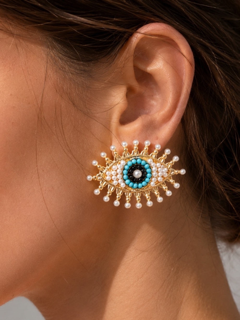 Evil Eye Statement Stud Earrings – Pearl Earrings Beaded Design